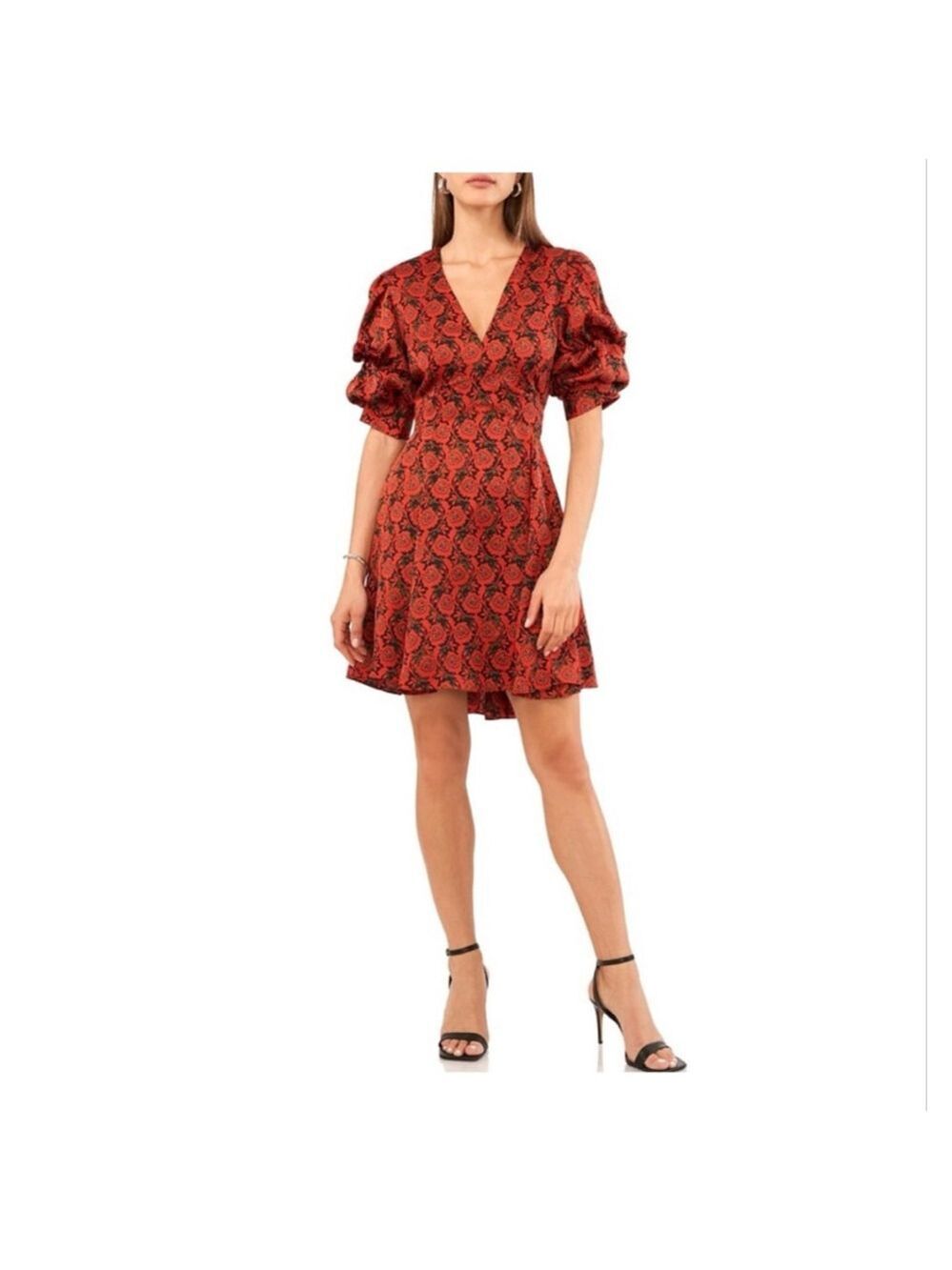 1 State Blooms Print Puff Sleeve V-Neck Fit & Flare Dress Wine Red L